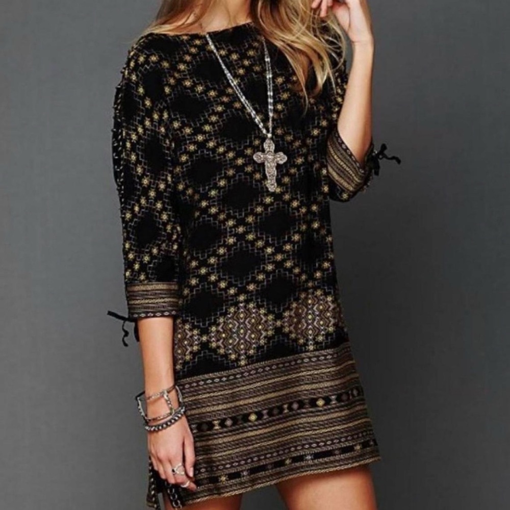 Free People New Romantics Dress Black Yellow Chain Sleeve Boho Size M